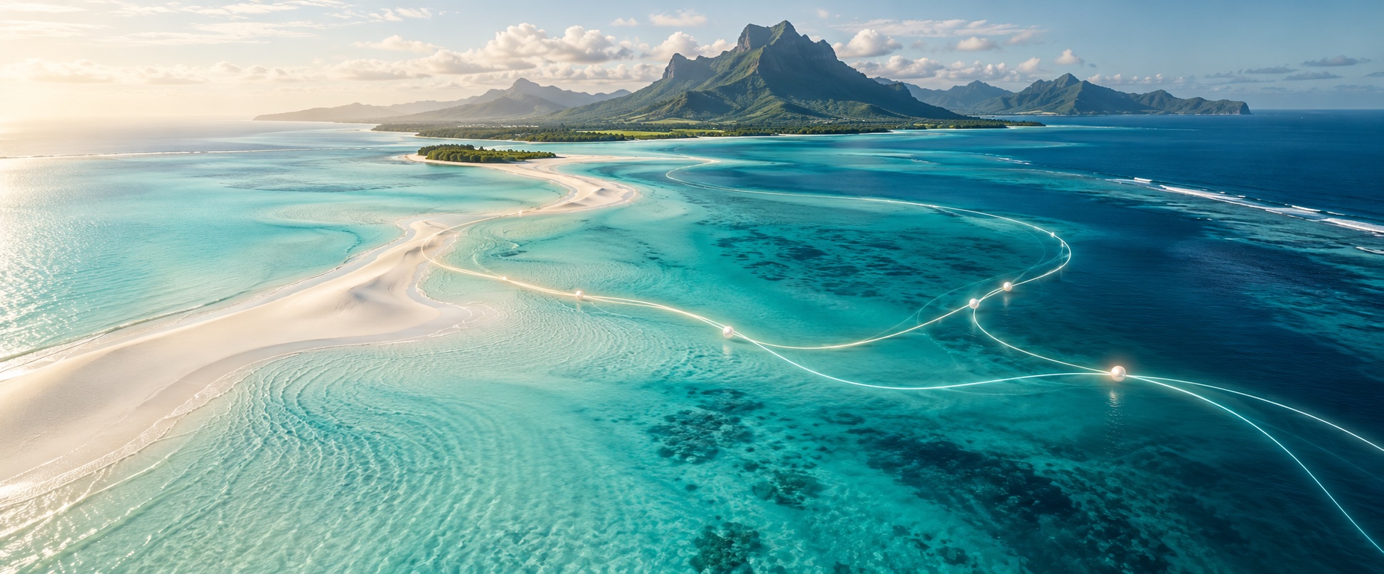 An original lagoon illustration inspired by Islanders, with gentle currents connecting points of light